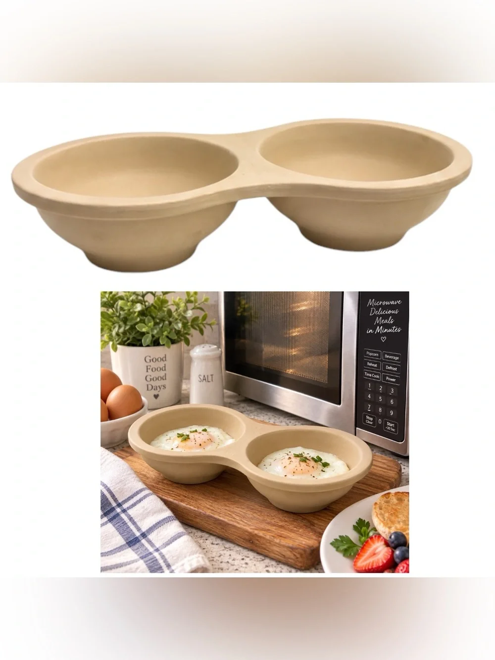 Pampered Chef Beige Stoneware Double Microwave Egg Cooker Dish USA #4144